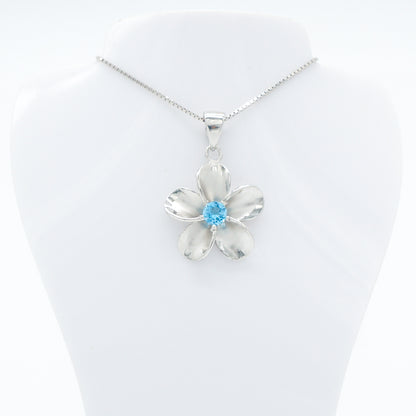 Hawaiian Plumeria Flower Blue Topaz Gemstone Pendant Necklace - 925 Sterling Silver