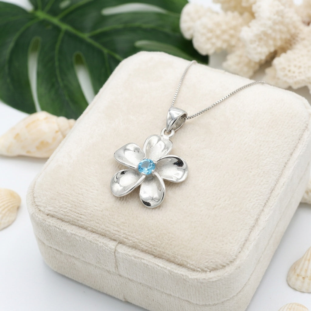 Hawaiian Plumeria Flower Blue Topaz Gemstone Pendant Necklace - 925 Sterling Silver
