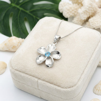Hawaiian Plumeria Flower Blue Topaz Gemstone Pendant Necklace - 925 Sterling Silver