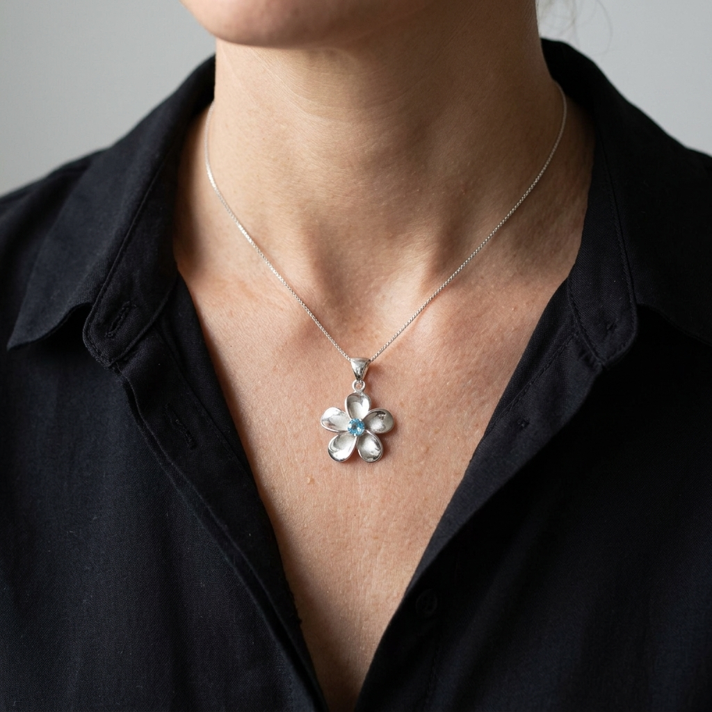 Hawaiian Plumeria Flower Blue Topaz Gemstone Pendant Necklace - 925 Sterling Silver