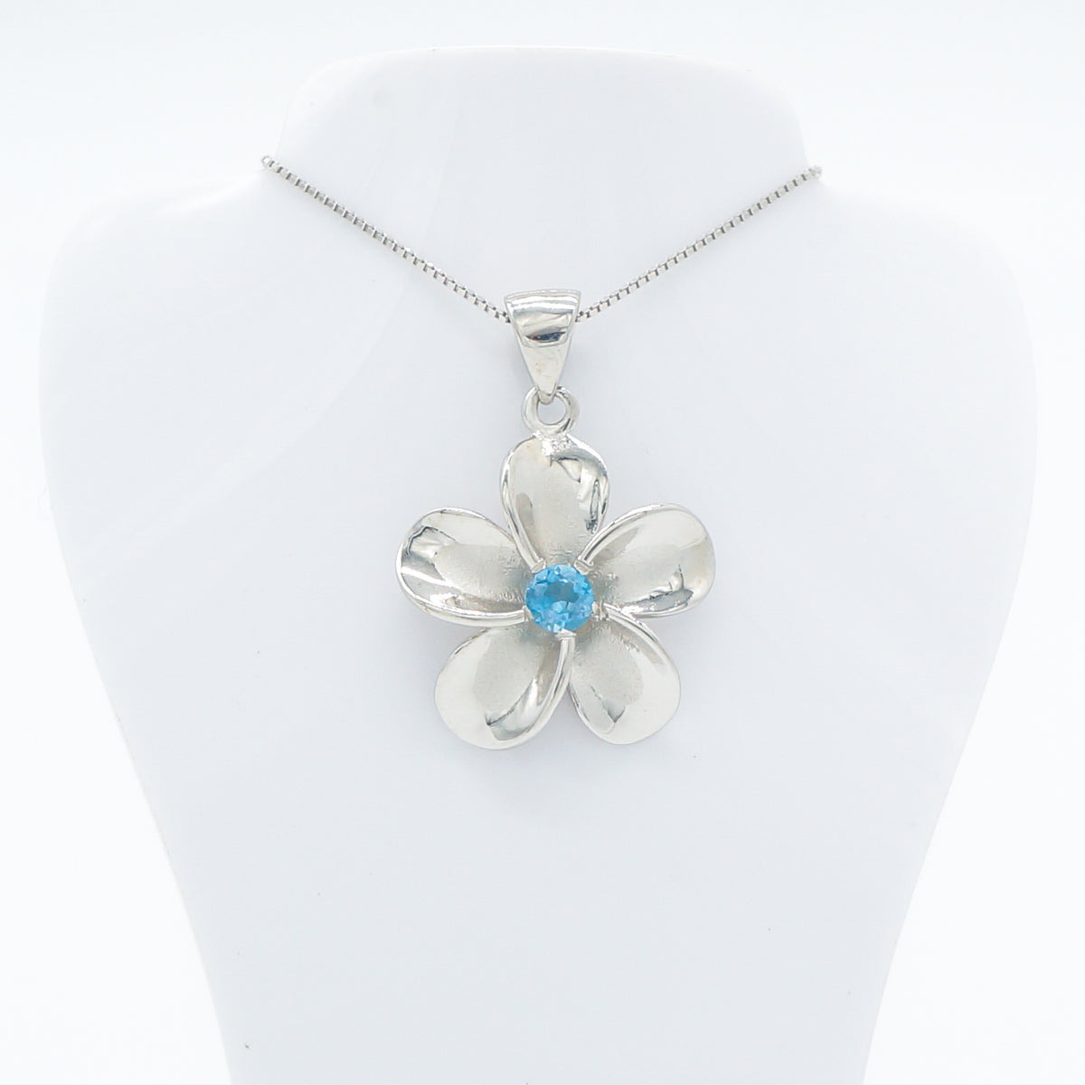 Hawaiian Plumeria Flower Blue Topaz Gemstone Pendant Necklace - 925 Sterling Silver