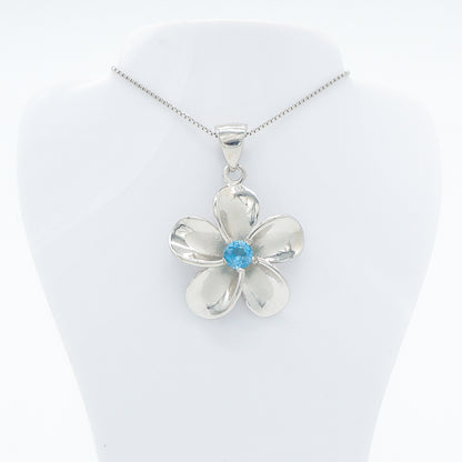 Hawaiian Plumeria Flower Blue Topaz Gemstone Pendant Necklace - 925 Sterling Silver