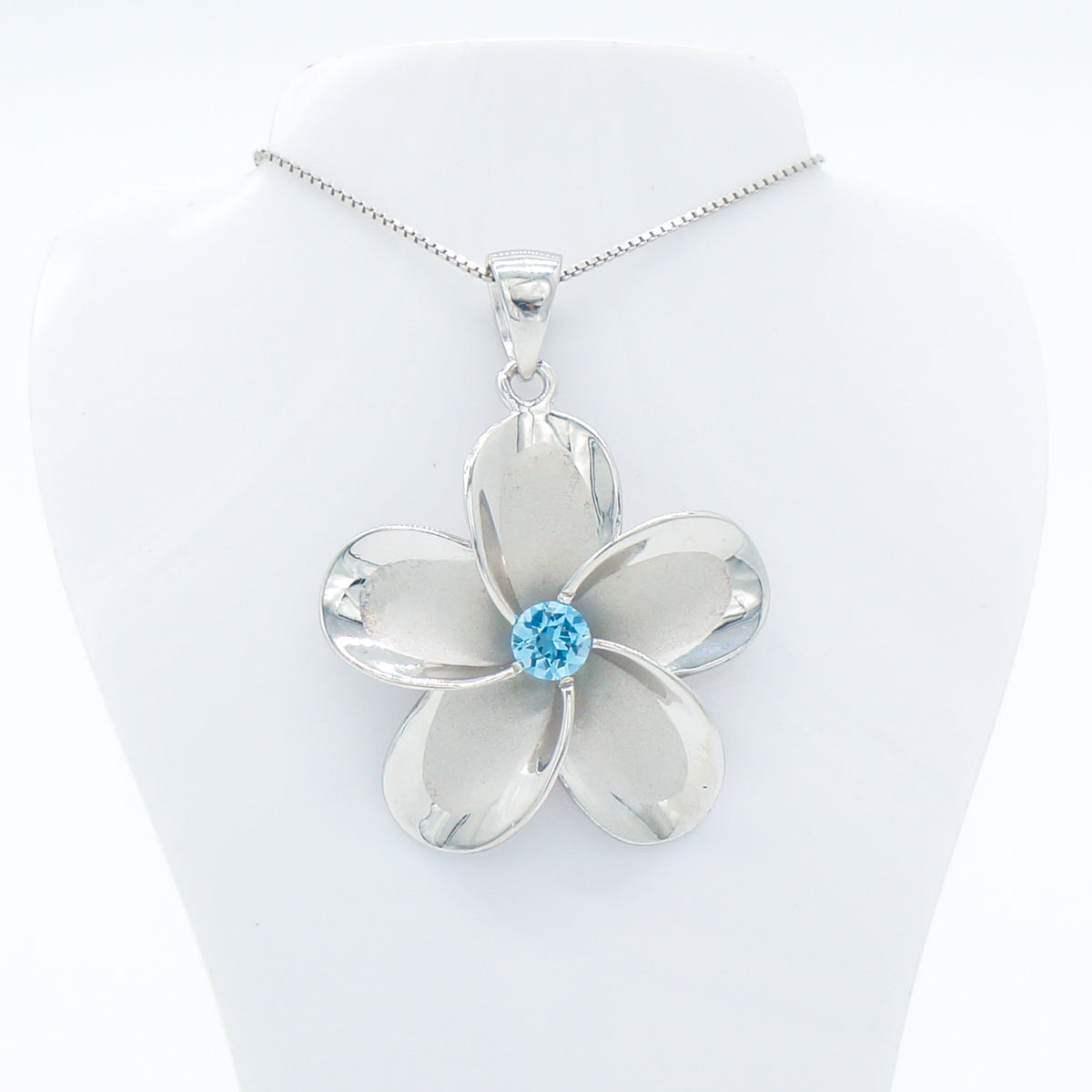 Hawaiian Plumeria Flower Blue Topaz Gemstone Pendant Necklace - 925 Sterling Silver