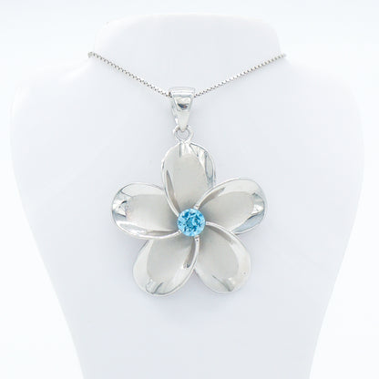 Hawaiian Plumeria Flower Blue Topaz Gemstone Pendant Necklace - 925 Sterling Silver