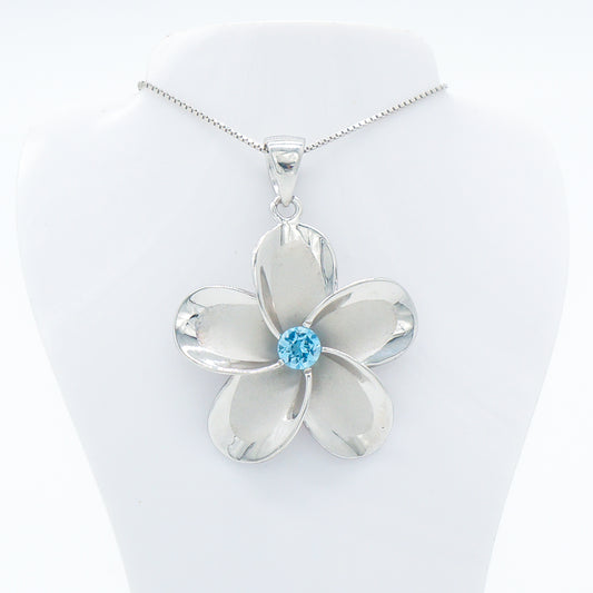 Hawaiian Plumeria Flower Blue Topaz Gemstone Pendant Necklace - 925 Sterling Silver