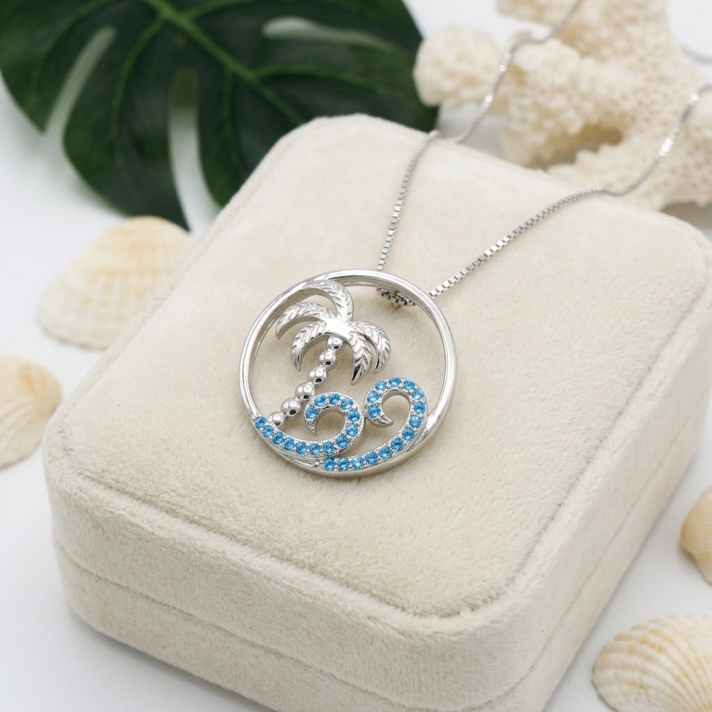 Hawaiian Circle Palm Tree Ocean Wave Blue Topaz Pavé Pendant Necklace - 925 Sterling Silver