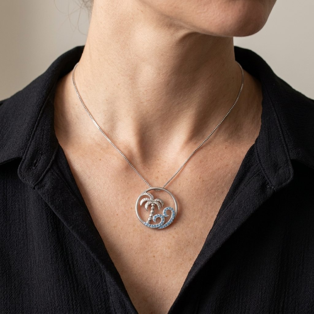 Hawaiian Circle Palm Tree Ocean Wave Blue Topaz Pavé Pendant Necklace - 925 Sterling Silver