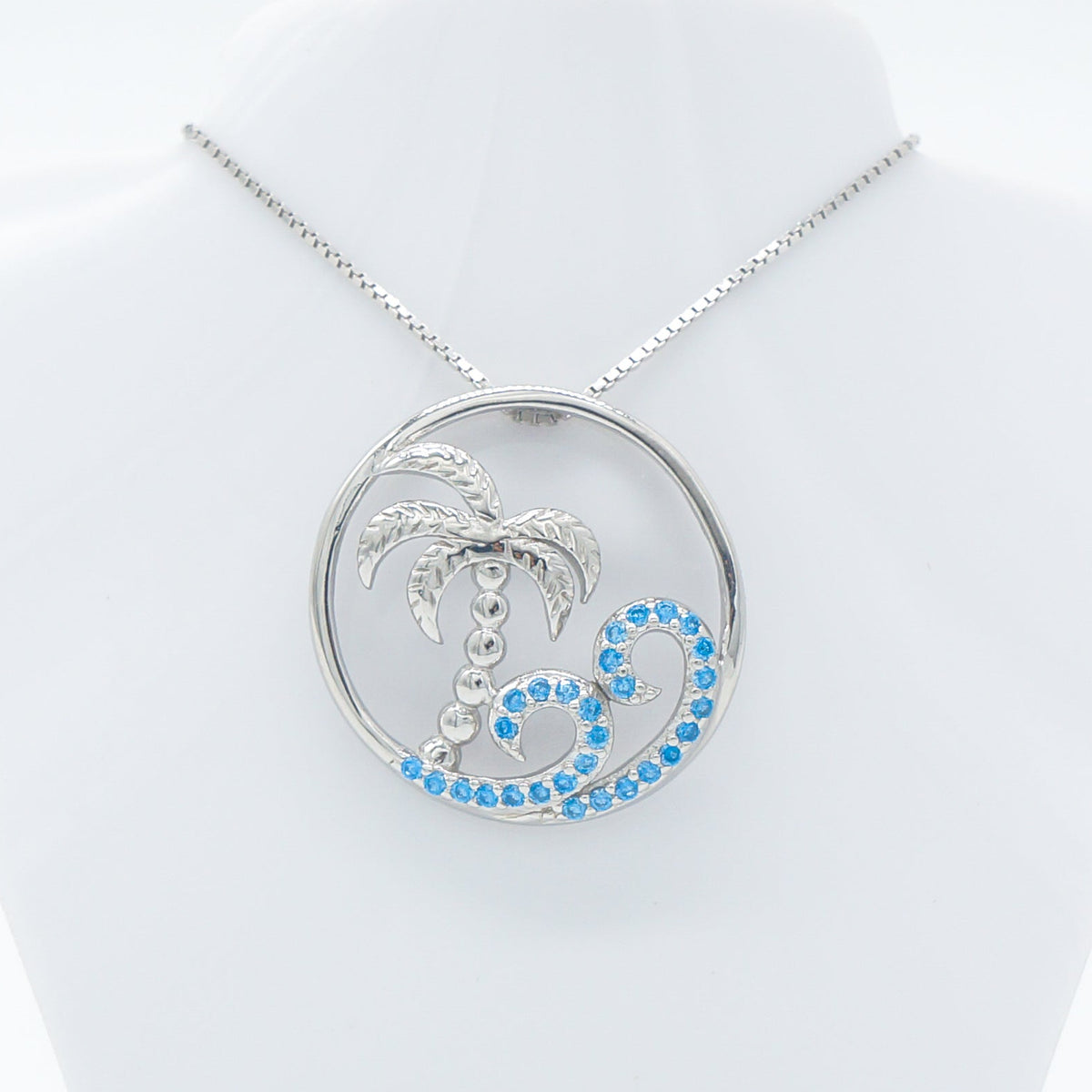Hawaiian Circle Palm Tree Ocean Wave Blue Topaz Pavé Pendant Necklace - 925 Sterling Silver