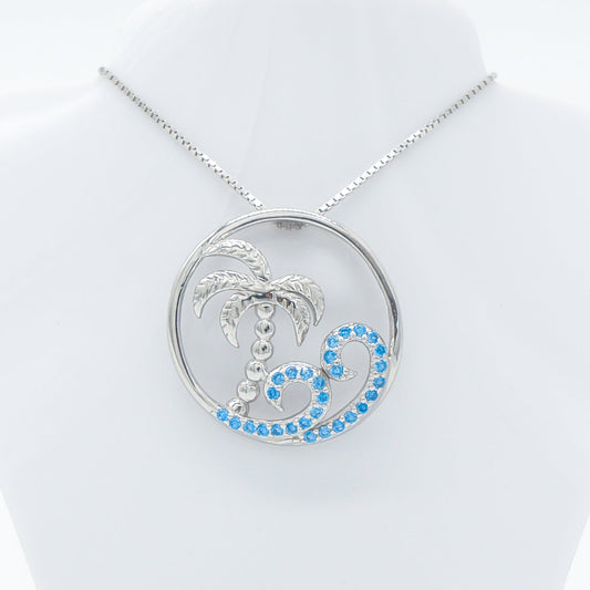 Hawaiian Circle Palm Tree Ocean Wave Blue Topaz Pavé Pendant Necklace - 925 Sterling Silver