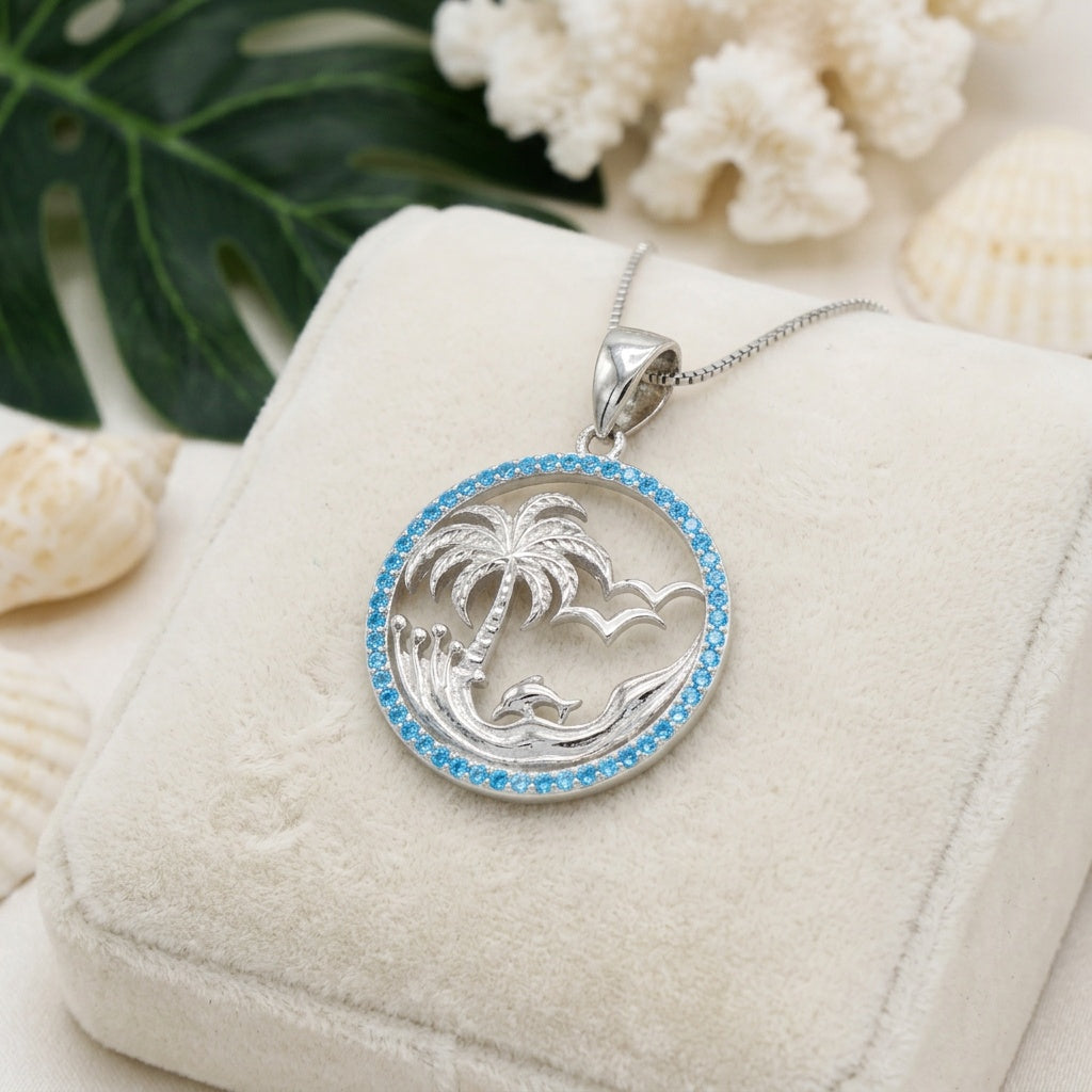 Hawaiian Circle Palm Tree Dolphin Blue Topaz Pavé Pendant Necklace - 925 Sterling Silver