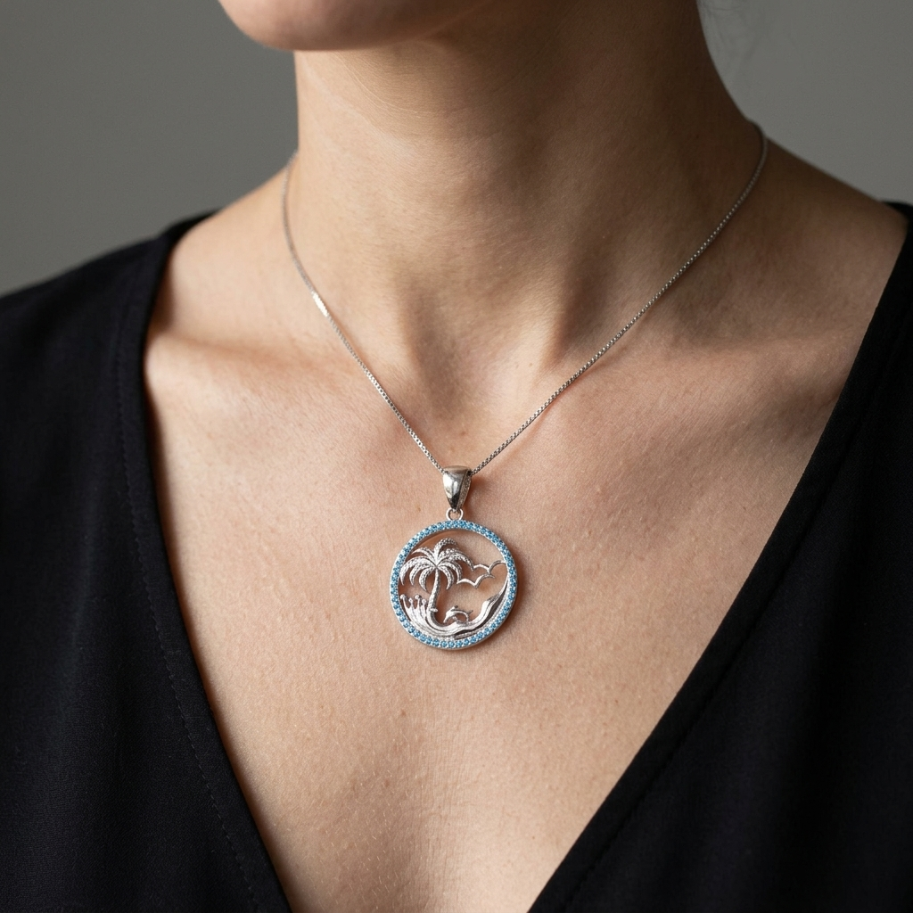 Hawaiian Circle Palm Tree Dolphin Blue Topaz Pavé Pendant Necklace - 925 Sterling Silver