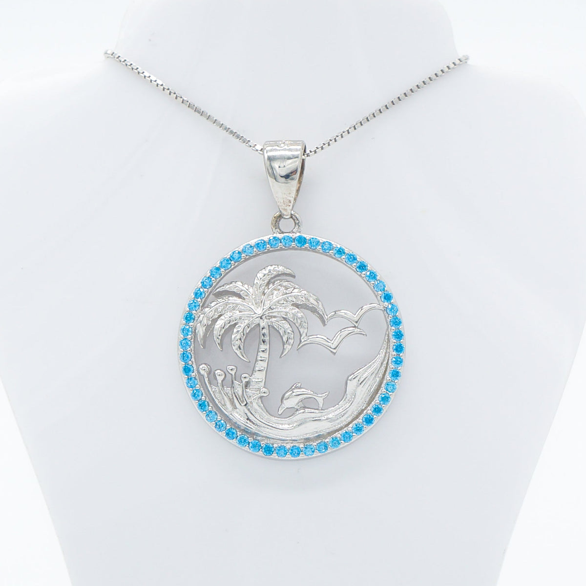 Hawaiian Circle Palm Tree Dolphin Blue Topaz Pavé Pendant Necklace - 925 Sterling Silver