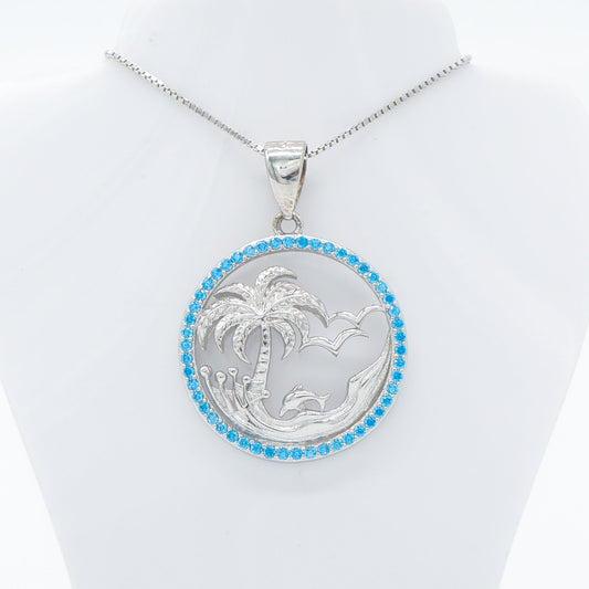 Hawaiian Circle Palm Tree Dolphin Blue Topaz Pavé Pendant Necklace - 925 Sterling Silver