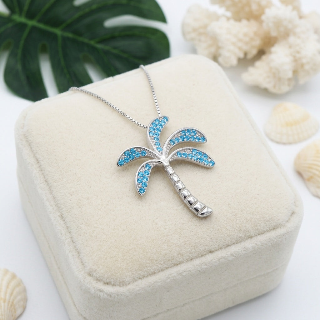 Hawaiian Tropical Palm Tree Blue Topaz Pavé Pendant Necklace - 925 Sterling Silver
