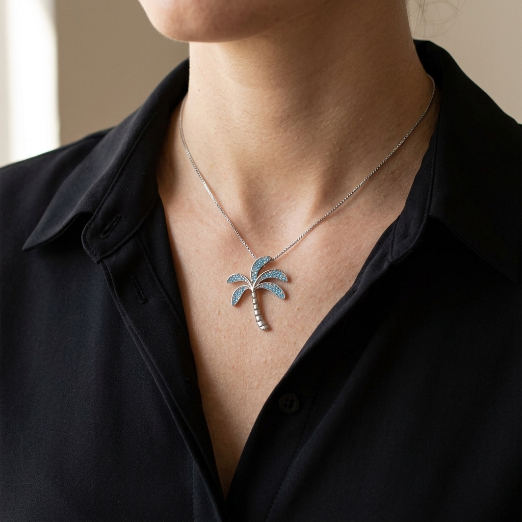 Hawaiian Tropical Palm Tree Blue Topaz Pavé Pendant Necklace - 925 Sterling Silver