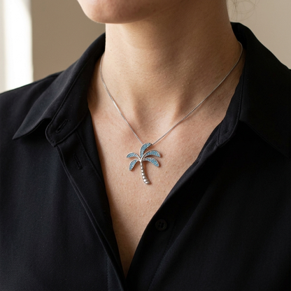 Hawaiian Tropical Palm Tree Blue Topaz Pavé Pendant Necklace - 925 Sterling Silver