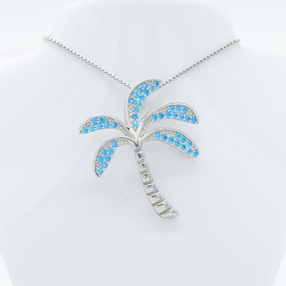 Hawaiian Tropical Palm Tree Blue Topaz Pavé Pendant Necklace - 925 Sterling Silver