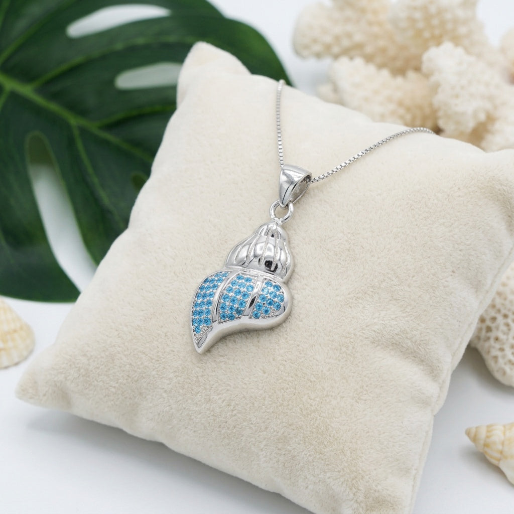 Hawaiian Ocean Seashell Blue Topaz Pavé Pendant Necklace - 925 Sterling Silver