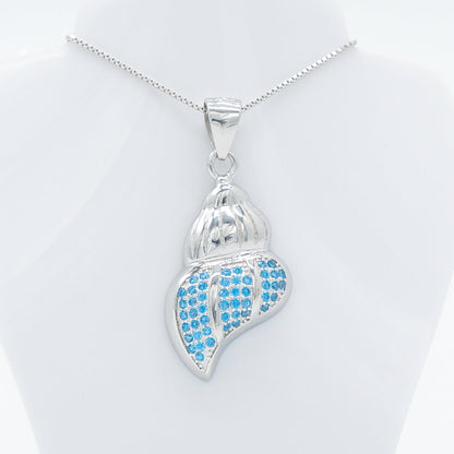 Hawaiian Ocean Seashell Blue Topaz Pavé Pendant Necklace - 925 Sterling Silver