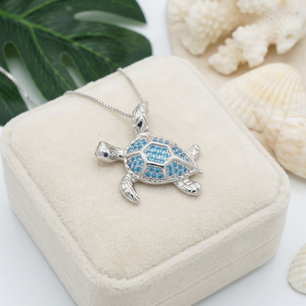 Hawaiian Ocean Sea Turtle Blue Topaz Pavé Pendant Necklace - 925 Sterling Silver