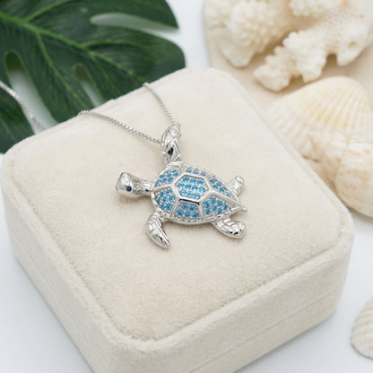 Hawaiian Ocean Sea Turtle Blue Topaz Pavé Pendant Necklace - 925 Sterling Silver