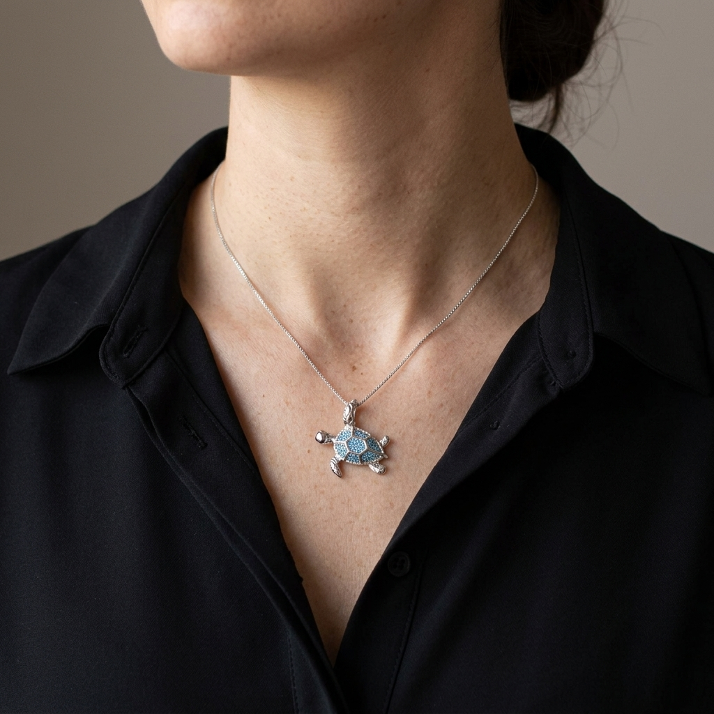 Hawaiian Ocean Sea Turtle Blue Topaz Pavé Pendant Necklace - 925 Sterling Silver