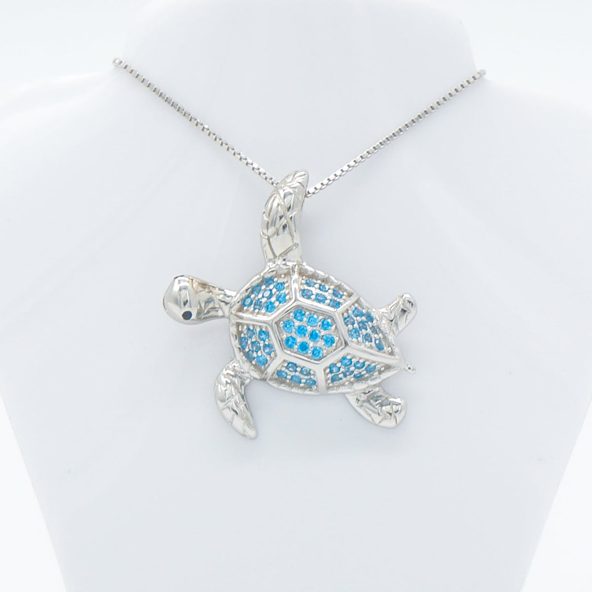 Hawaiian Ocean Sea Turtle Blue Topaz Pavé Pendant Necklace - 925 Sterling Silver