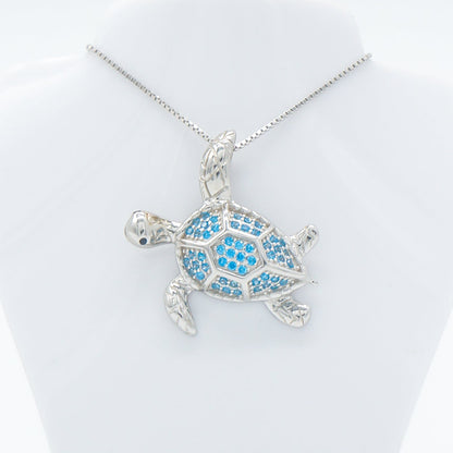 Hawaiian Ocean Sea Turtle Blue Topaz Pavé Pendant Necklace - 925 Sterling Silver
