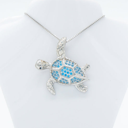 Hawaiian Ocean Sea Turtle Blue Topaz Pavé Pendant Necklace - 925 Sterling Silver