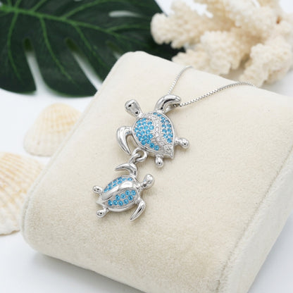 Hawaiian Double Honu Turtle Blue Topaz Pavé Pendant Necklace - 925 Sterling Silver