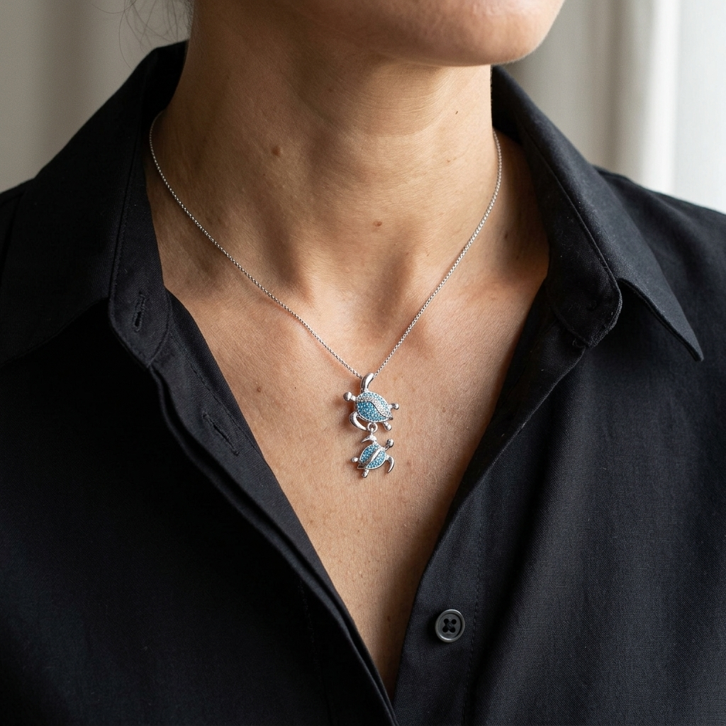 Hawaiian Double Honu Turtle Blue Topaz Pavé Pendant Necklace - 925 Sterling Silver