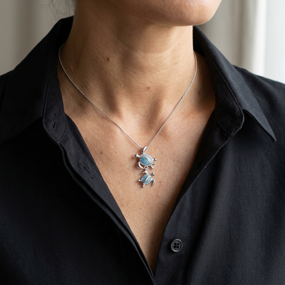 Hawaiian Double Honu Turtle Blue Topaz Pavé Pendant Necklace - 925 Sterling Silver
