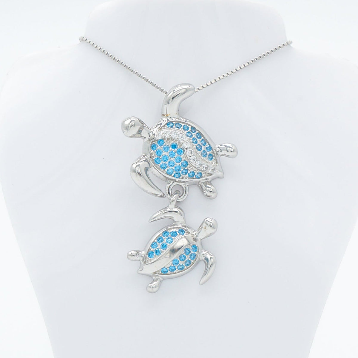 Hawaiian Double Honu Turtle Blue Topaz Pavé Pendant Necklace - 925 Sterling Silver
