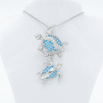Hawaiian Double Honu Turtle Blue Topaz Pavé Pendant Necklace - 925 Sterling Silver