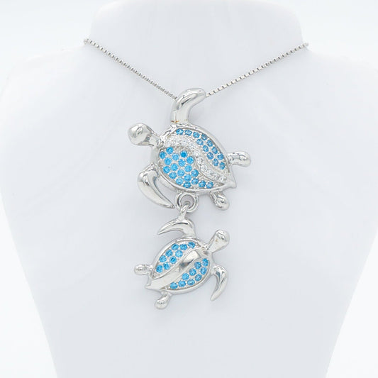 Hawaiian Double Honu Turtle Blue Topaz Pavé Pendant Necklace - 925 Sterling Silver