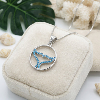 Hawaiian Circle Whale Tail Blue Topaz Pavé Pendant Necklace - 925 Sterling Silver
