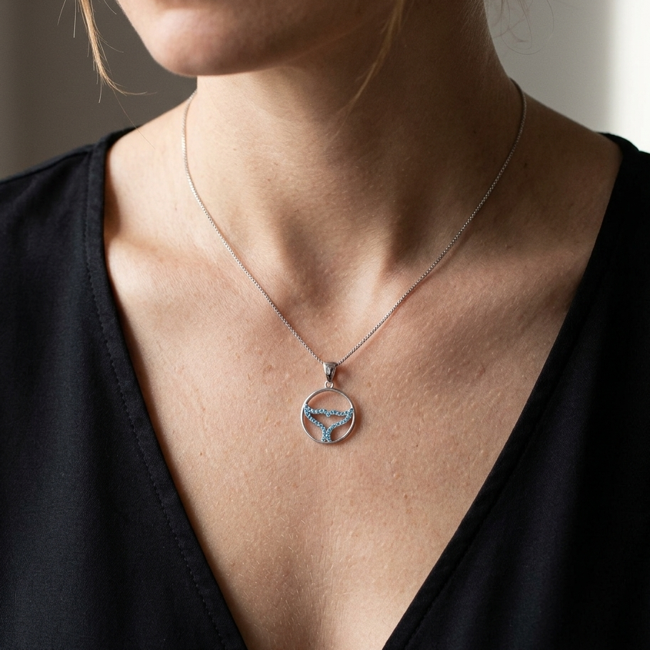 Hawaiian Circle Whale Tail Blue Topaz Pavé Pendant Necklace - 925 Sterling Silver