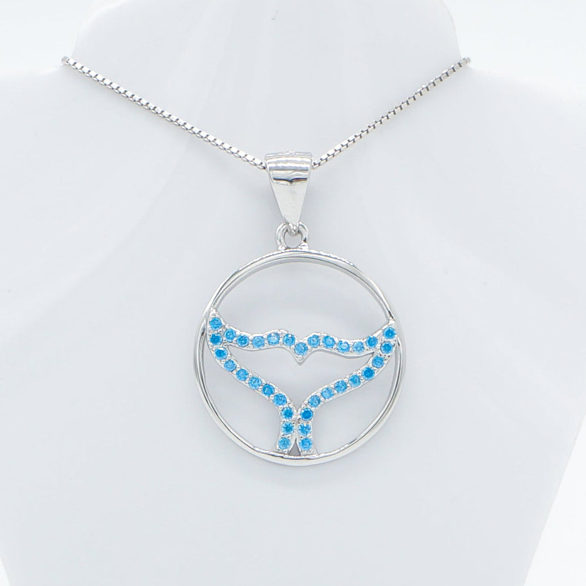 Hawaiian Circle Whale Tail Blue Topaz Pavé Pendant Necklace - 925 Sterling Silver