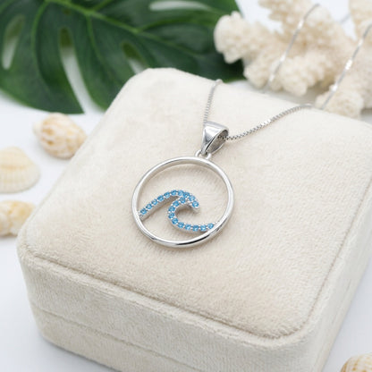 Hawaiian Circle Ocean Wave Blue Topaz Pavé Pendant Necklace - 925 Sterling Silver