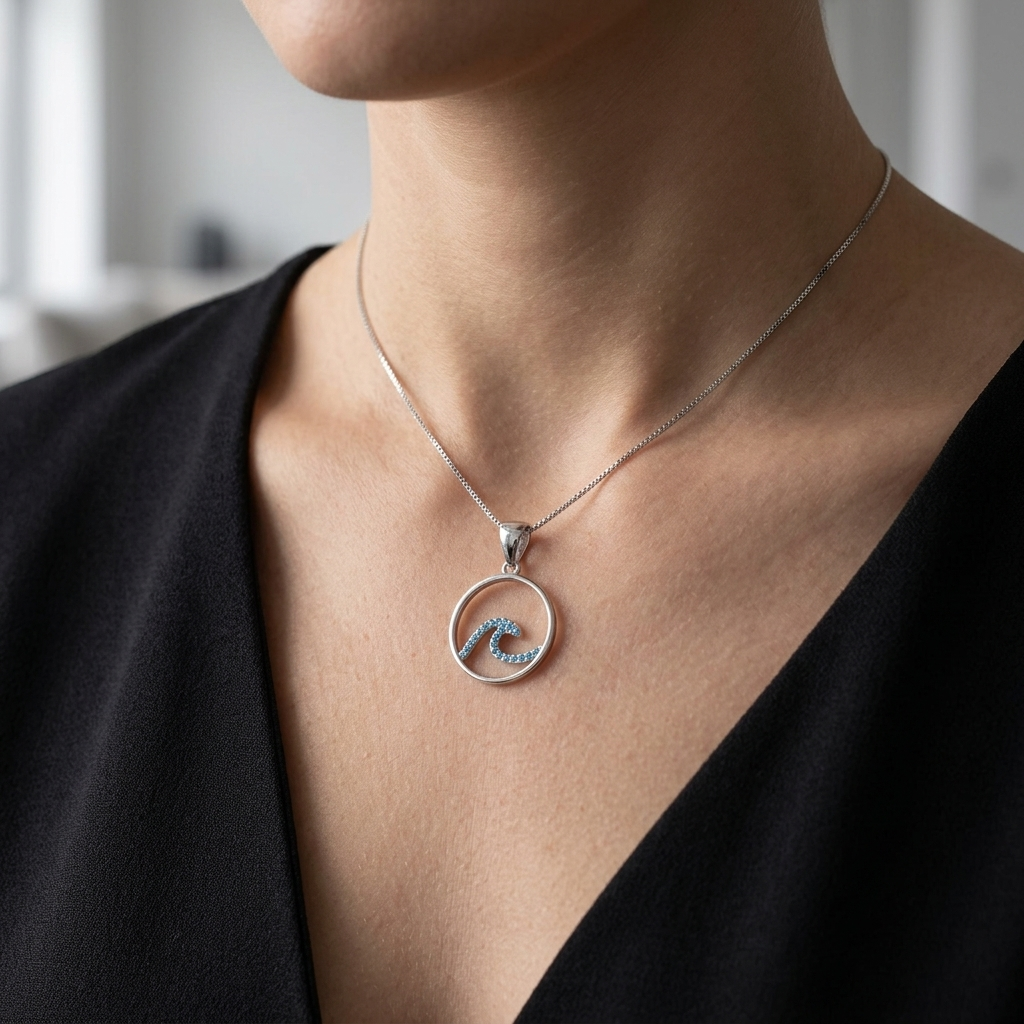 Hawaiian Circle Ocean Wave Blue Topaz Pavé Pendant Necklace - 925 Sterling Silver