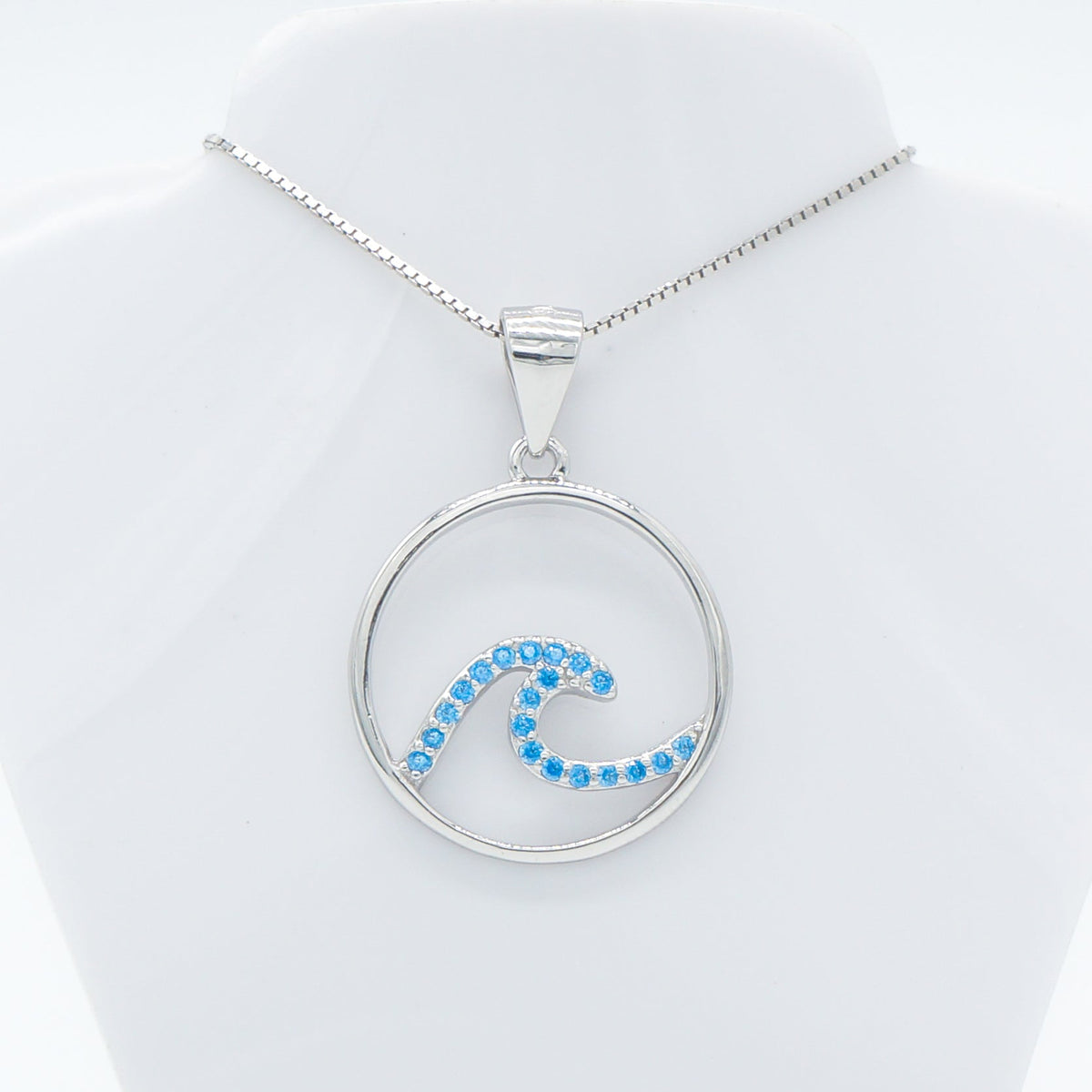 Hawaiian Circle Ocean Wave Blue Topaz Pavé Pendant Necklace - 925 Sterling Silver