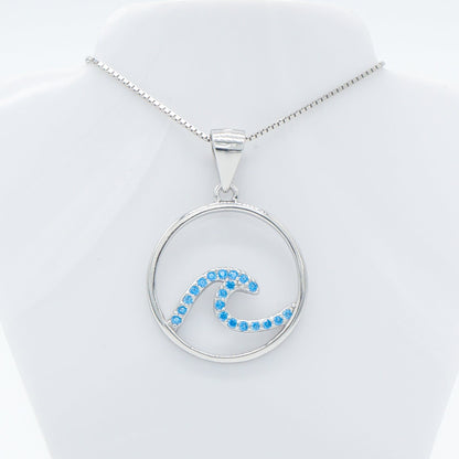 Hawaiian Circle Ocean Wave Blue Topaz Pavé Pendant Necklace - 925 Sterling Silver