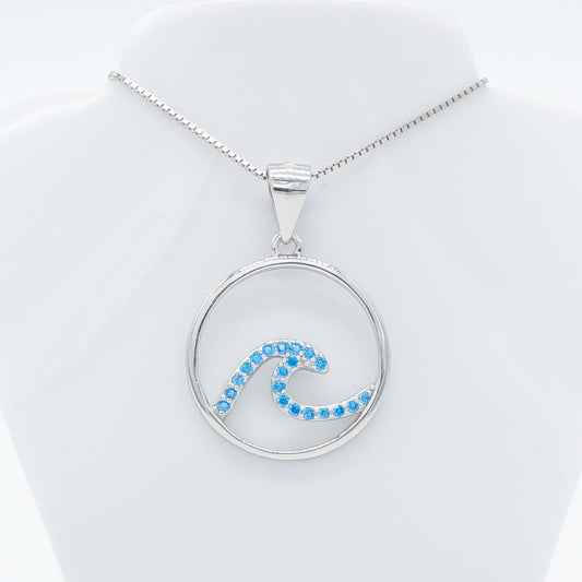 Hawaiian Circle Ocean Wave Blue Topaz Pavé Pendant Necklace - 925 Sterling Silver