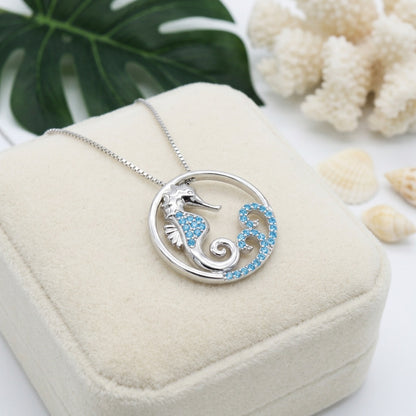Hawaiian Circle Seahorse Wave Blue Topaz Pavé Pendant Necklace - 925 Sterling Silver