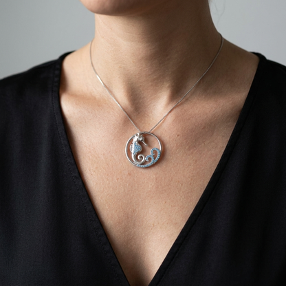 Hawaiian Circle Seahorse Wave Blue Topaz Pavé Pendant Necklace - 925 Sterling Silver