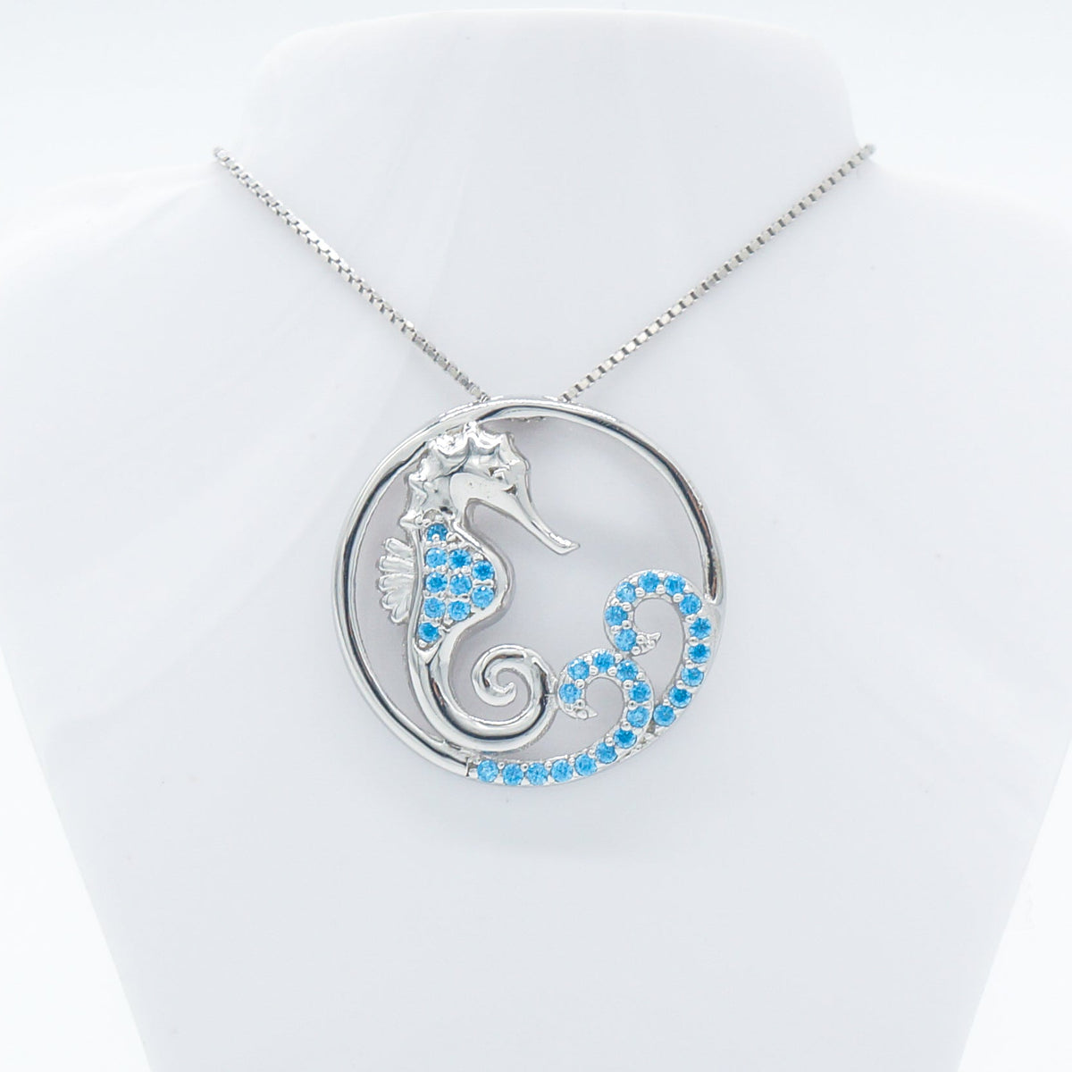 Hawaiian Circle Seahorse Wave Blue Topaz Pavé Pendant Necklace - 925 Sterling Silver