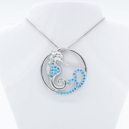Hawaiian Circle Seahorse Wave Blue Topaz Pavé Pendant Necklace - 925 Sterling Silver