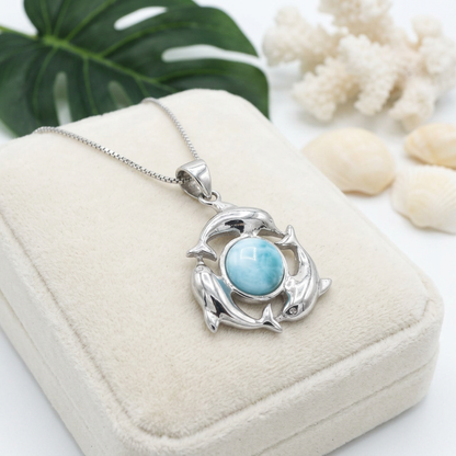 Hawaiian Three Dolphin Larimar Stone Pendant Necklace - 925 Sterling Silver