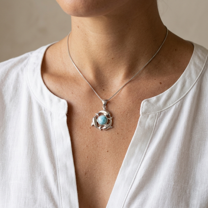 Hawaiian Three Dolphin Larimar Stone Pendant Necklace - 925 Sterling Silver