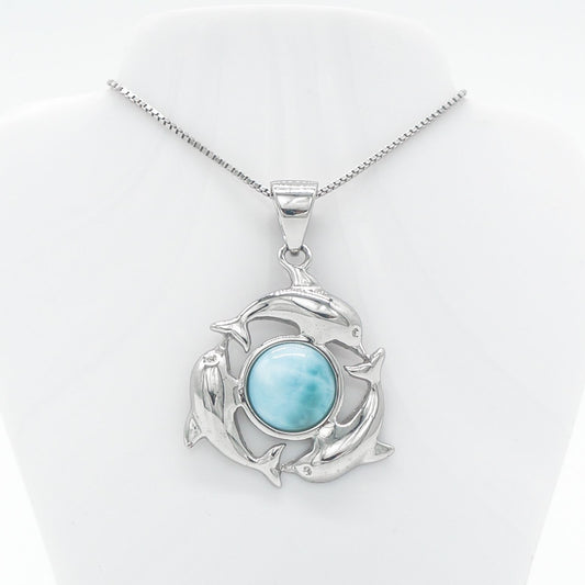 Hawaiian Three Dolphin Larimar Stone Pendant Necklace - 925 Sterling Silver